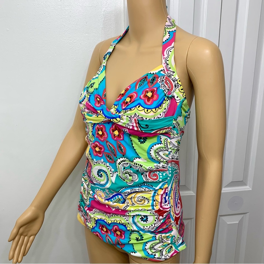 Anne Cole Multicolor Floral Paisley Tankini Halter Ruched Bikini Top size L - Picture 3 of 8